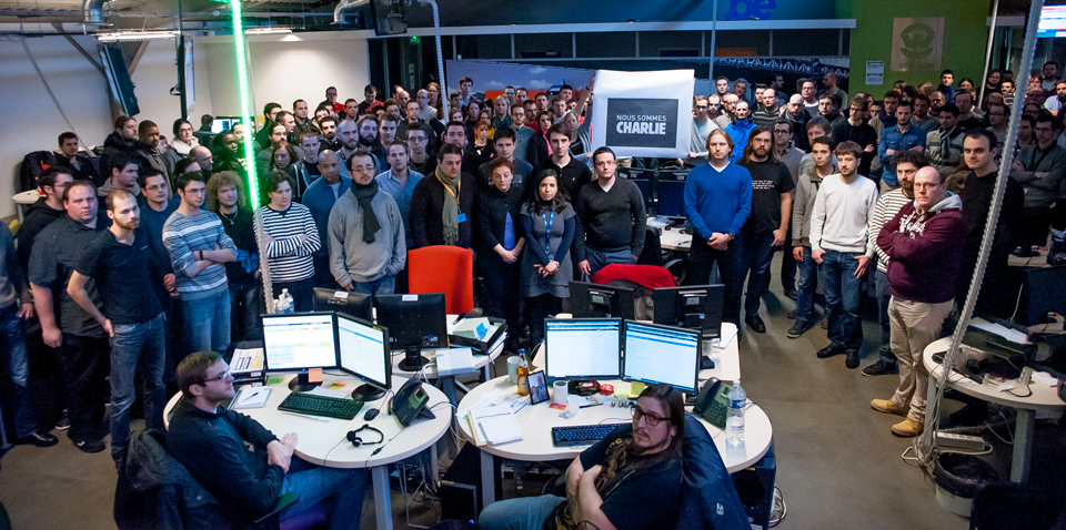 OVHcloud's tweet photo. Everyone at OVH is paying tribute to Charlie Hebdo #WeAreCharlie @ovh_fr http://t.co/JRM3yL5Quc