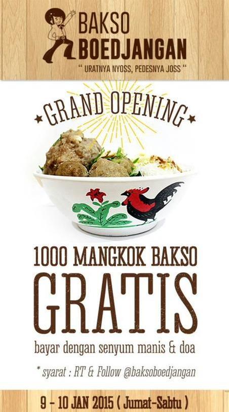 Abang enon skalian Grand Opening Bakso Boedjangan bsk start jam 1 ya abis jumatan, kalo Sabtu start jam 12
