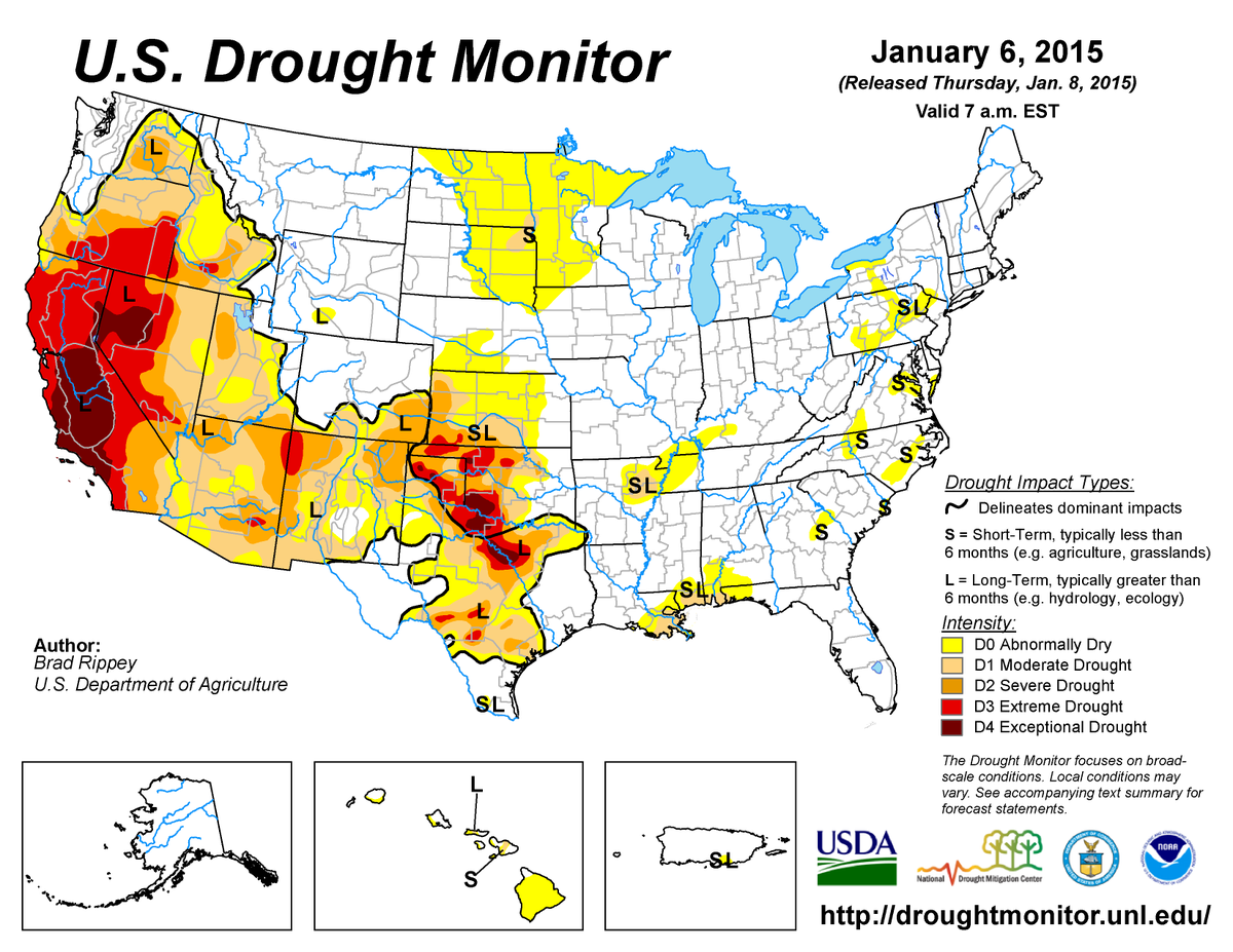NOAA's tweet photo. #Drought update: 28.10% of contig US in mod or worse drought; affects ~65M people http://t.co/Nyo1xuwcNE @DroughtGov http://t.co/4fwA1tIwjP