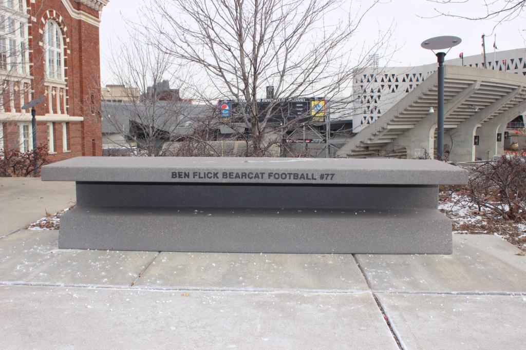 GoBearcatsFB's tweet photo. The bench commemorating former #Bearcats OL Ben Flick has been finished and overlooks Nippert Stadium http://t.co/FBcXJ7ezcE