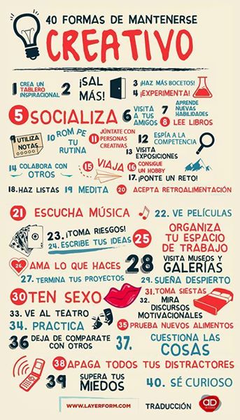 40 Formas de mantenerse Creativo #Infografia " via <a href="/AlejandroSBasso/">Alejandro Suárez Basso</a> cc <a href="/dacilpsicologia/">Dácil González</a> <a href="/InspiracionCosm/">WayneDyerEspañol</a>