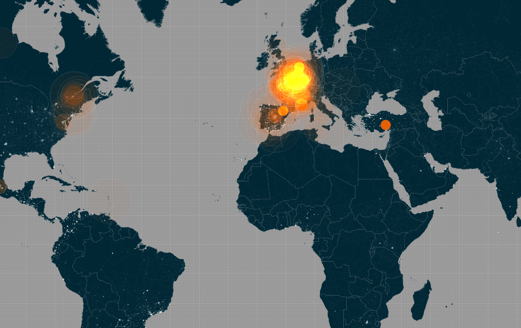 Impressionnante carte dynamique des mentions #JeSuisCharlie hier entre 13h et 20h. srogers.cartodb.com/viz/123be814-9…