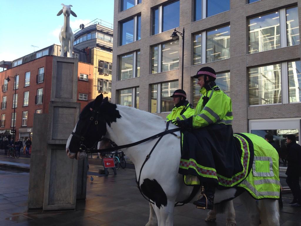PDBhudia's tweet photo. Mounted Police on #horse at @spitalfieldsE1 at the @RBS_Sculptors #art #GoatStatue. #Photography by @PDBhudia http://t.co/LiL6LVBLVu