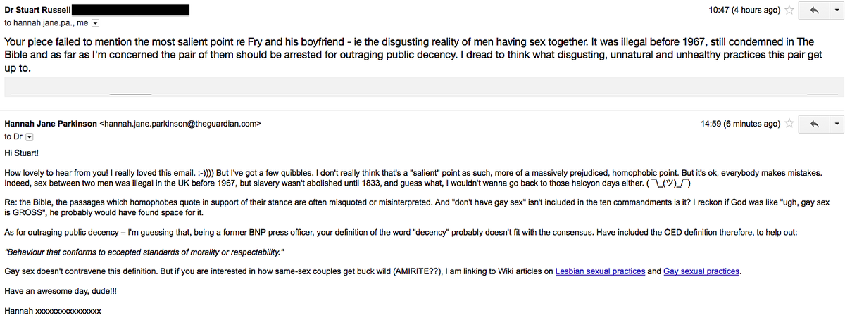 Hannah Jane Parkinson (@ladyhaja) on Twitter photo Email from BNP ex-press officer + my reply, re piece I wrote on <a href="/stephenfry/">Sir Stephen Fry</a>'s engagement gu.com/p/44jfp/stw #LGBT Email from BNP ex-press officer + my reply, re piece I wrote on <a href="/stephenfry/">Sir Stephen Fry</a>'s engagement gu.com/p/44jfp/stw #LGBT