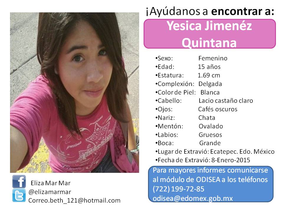 <a href="/YuririaSierra/">Yuriria Sierra</a> URGE!!Localizar a YESICA JIMENÉZ QUINTANA 15años #Desap 8/1/15 #Ecatepec #Edomex ¿La has visto? RT