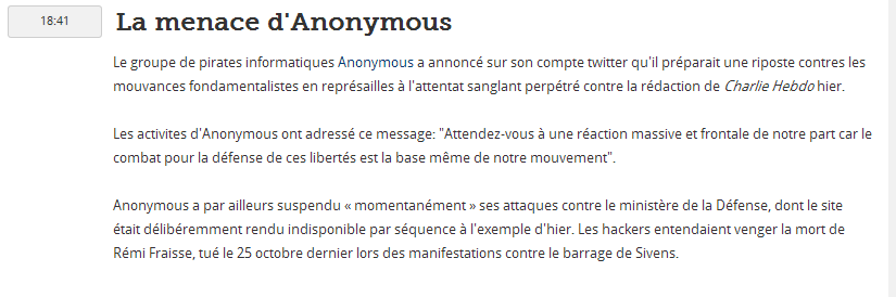 LesNews's tweet photo. #CharlieHebdo: Le collectif Anonymous menace les islamistes. /via @Le_Figaro
http://t.co/cP9wsKg7sJ http://t.co/Ff9R67hENR