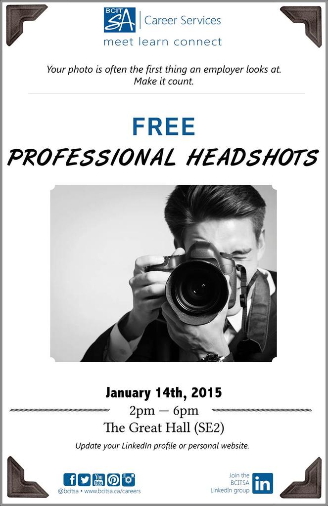 LinkBCIT's tweet photo. Hey #BCIT - Come and get your free professional headshots, Jan. 14! http://t.co/EdMPaKxjzO