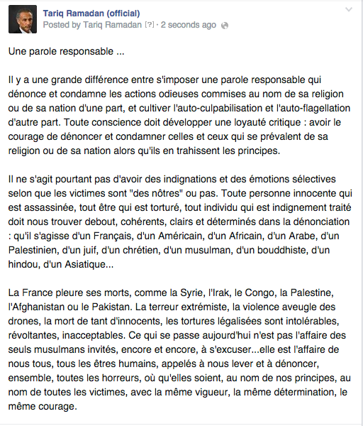 TariqRamadan's tweet photo. #CharlieHebdo  Une parole responsable... http://t.co/qnFmXTdtiu