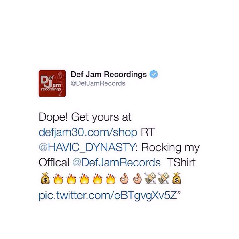 FastCashRecords's tweet photo. @DefJamRecords gave @HAVIC_DYNASTY the offical stamp of approval on his #defJam30 extended T-shirt custom de-sign ! http://t.co/wYPL3IvqnR