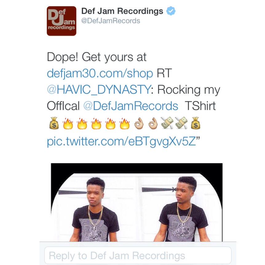 FastCashRecords's tweet photo. @DefJamRecords gave @HAVIC_DYNASTY the offical stamp of approval on his #defJam30 extended T-shirt custom de-sign ! http://t.co/wYPL3IvqnR