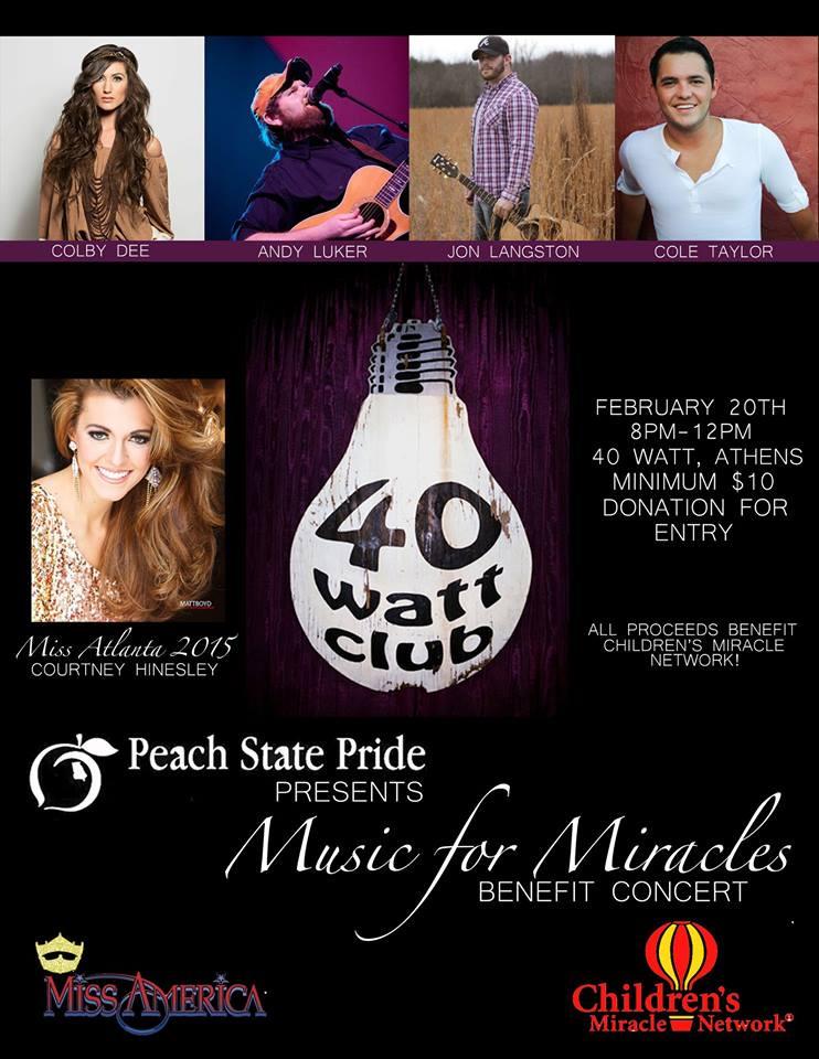 PeachtreeEnt's tweet photo. @JonTLangston @coletaylorlive @colbydeemusic play @40WattAthens #MusicForMiracles Feb 20th! http://t.co/ihhFjSKLZH http://t.co/Rofwe1ufUG