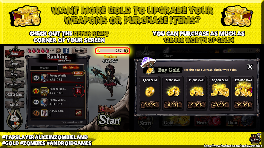 TapslayerAlice's tweet image. Aside from inviting friends, you can also acquire Gold by purchasing it! #GOLD #TapslayerAliceInZombieland #zombies