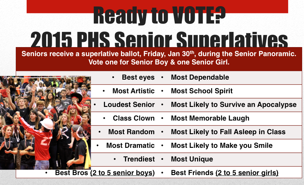 yearbook_pasco's tweet photo. Be prepared to VOTE for your #PascoHigh 2015 #SeniorSuperlatives on Fri, JAN 30th, after your #SeniorClassPhoto! http://t.co/9kdAZTVPDZ