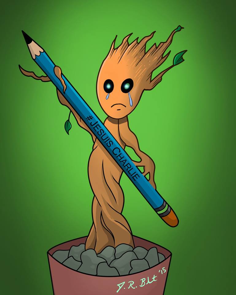Fringezilla's tweet photo. #JeSuisCharlie Art by J.R. Blanton, colors by Mervin Gadaingan. ALL proceeds will go to the victim's families. http://t.co/ivCehP4lkE