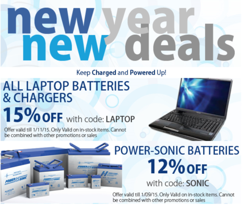 Atbatt's tweet photo. New Year New Deals! Laptop Batteries (Coupon Code: #LAPTOP) &amp; #PowerSonic SLA #Batteries 15% (Coupon Code: SONIC) Off http://t.co/sgG9okjtNx