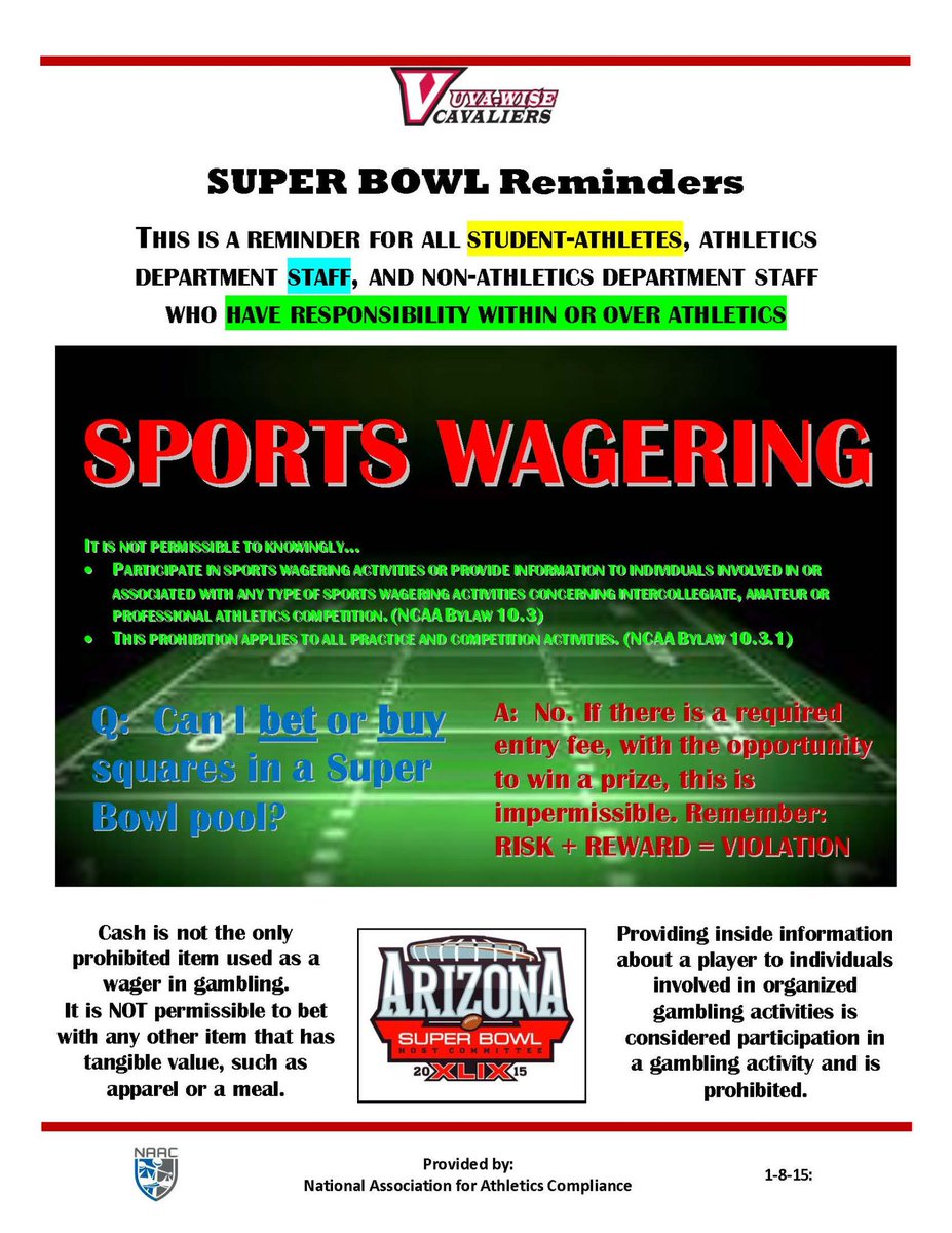 Placing a bet on the Super Bowl? DON'T BET ON IT if u r a <a href="/UVaWiseCavs/">UVA Wise Athletics</a> athlete, or staff w/athletics responsibilities