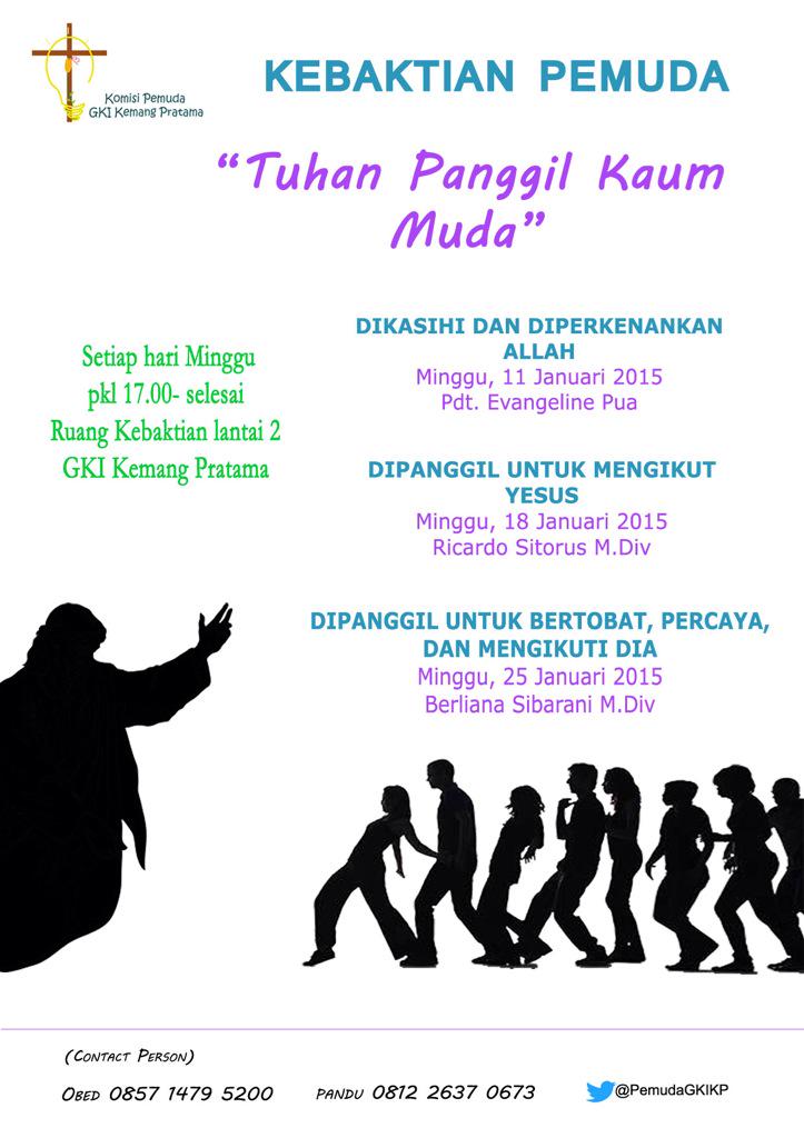 Jadwal KEBAKTIAN PEMUDA bulan JANUARI nih teman2. Kebaktian perdana 11 Januari 2015 jam 17.00 😊