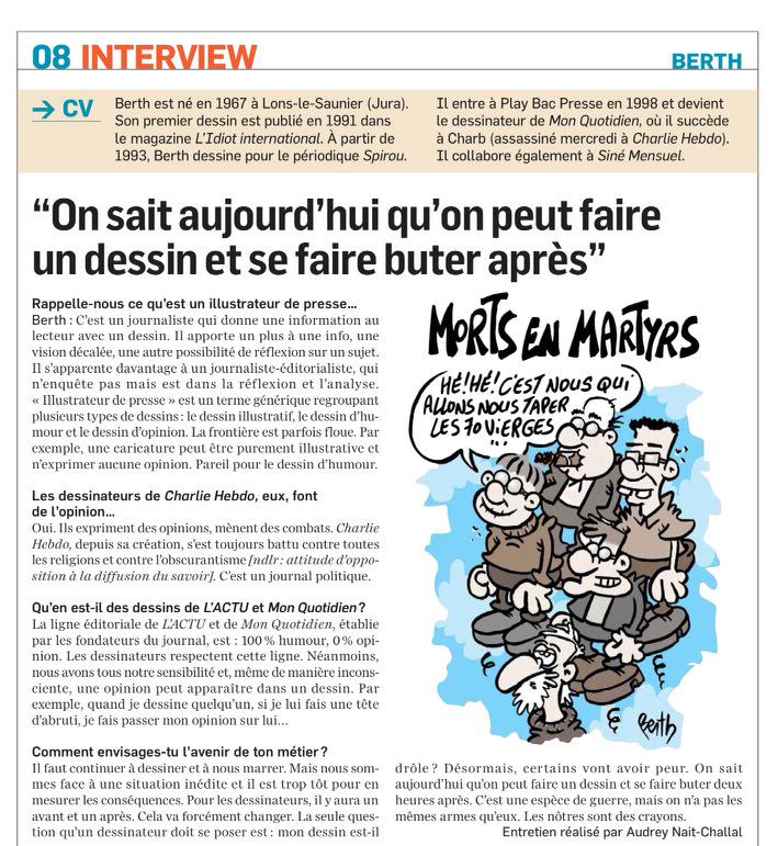 lactu's tweet photo. Interview du dessinateur de presse Berth, successeur de #Charb au journal @MonQuotidien #CharlieHebdo http://t.co/4dDzqyvdGl