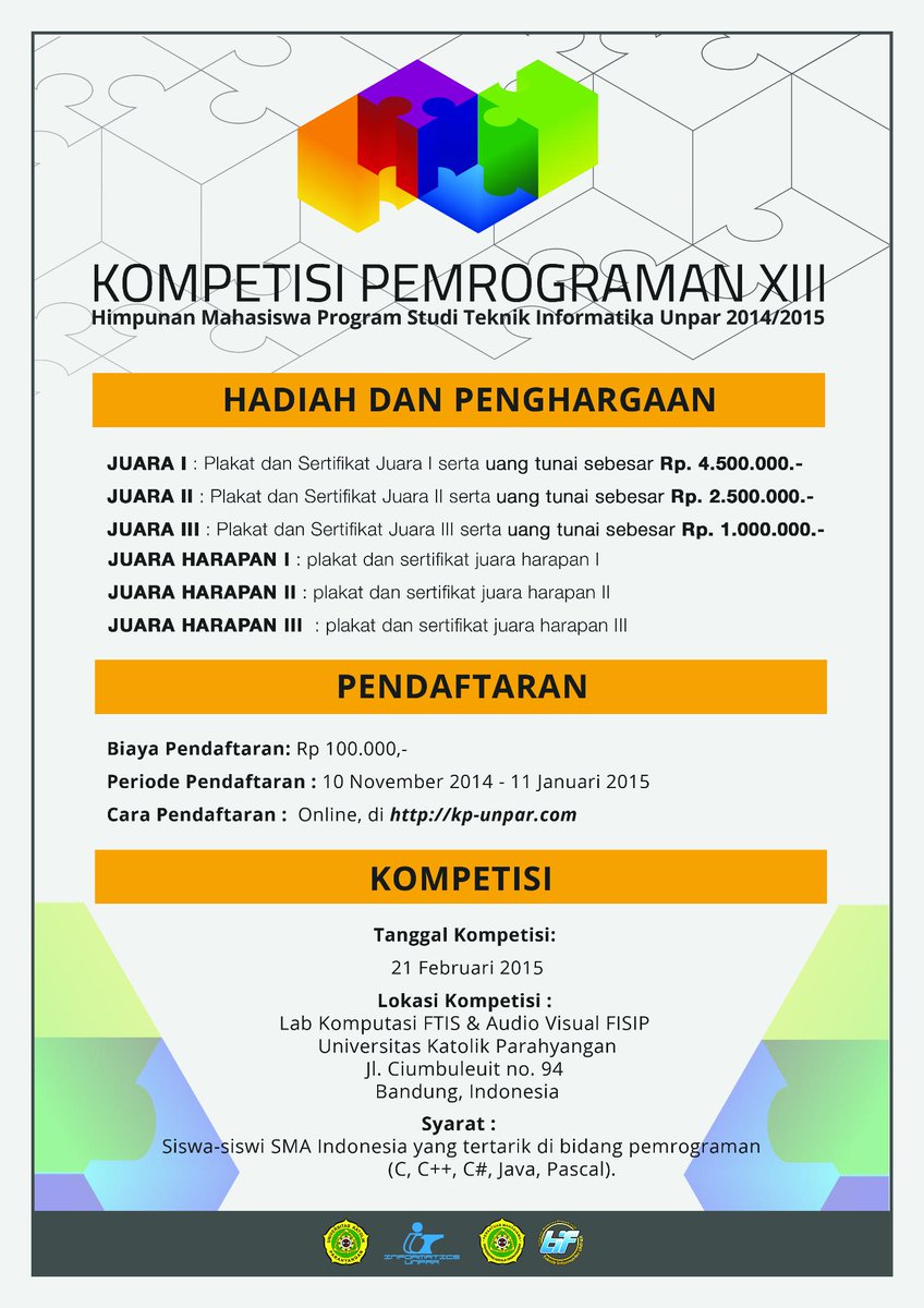 @tweetsmansa Ayo teman2 yg suka coding ikut Kompetisi Pemrograman XIII HMPSTIF UNPAR
Info : kp-unpar.com