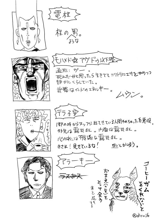 エジプト編がいよいよなので平野耕太風3部キャラクター紹介(ネタバレ極力回避ver.)をば。
※なんでも許せる人向けパロディ 