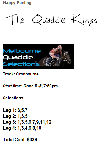 QuaddieKings's tweet photo. #POW Kick off 2015 well! @CranTurfClub 20/20 night provides followers with a $10,587
Sign up - http://t.co/5DsHT26mzA http://t.co/dafFx53wo4