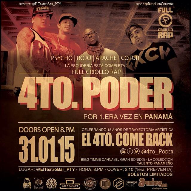 RapLatinoMusic's tweet photo. Panama, @4to_poder @rojo4to @apachelasminas @psychowoof4to (Ven), Mañana SAB.31 De Enero en @ElTeatroBar_PTY LLegate https://t.co/gz5OjX1AbX