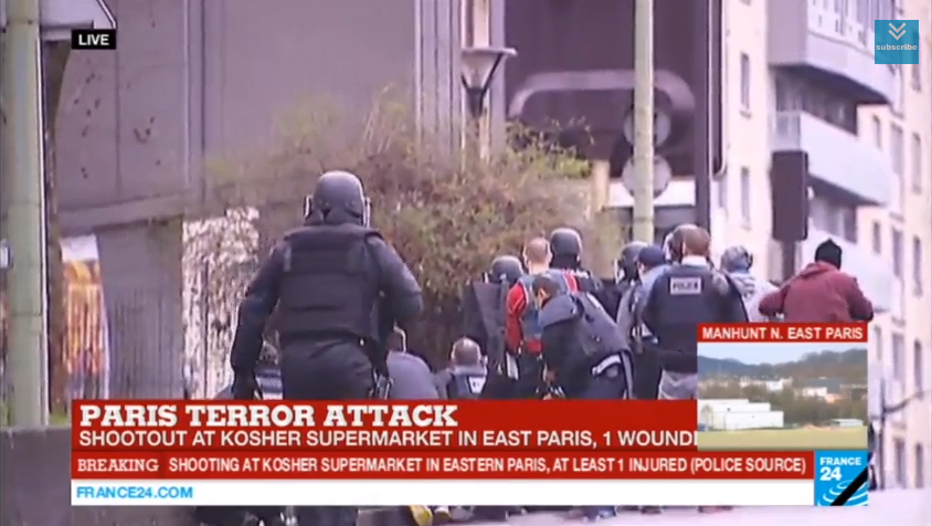 FRANCE24's tweet image. #BREAKING - Hostage taken at kosher shop in #Paris by ‘suspect in police officer shooting' youtube.com/watch?v=BFwedk…