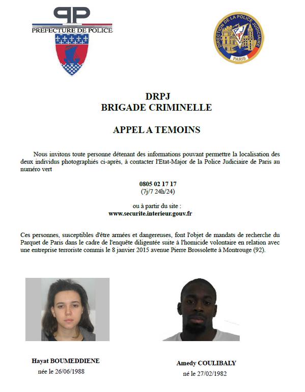 Fiche d'avis de recherche émise par la préfécture de police