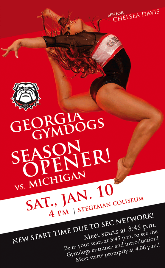 UGAAthletics's tweet photo. Today is the day! @UGAGymnastics opens the 2015 season vs Michigan. Be sure to arrive early, show starts at 3:45pm! http://t.co/d3UPIezTKi