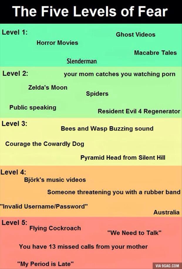 9GAG's tweet photo. The five levels of fear 😱
http://t.co/YHAf7sx09S http://t.co/WOMvO8Y0do