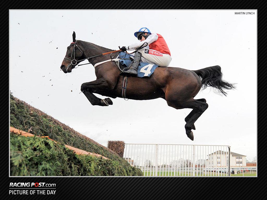 RacingPost's tweet photo. PICTURE OF THE DAY: A spring-heeled Josses Hill leaps into the Arkle picture at Doncaster http://t.co/cC3FVhjYGn