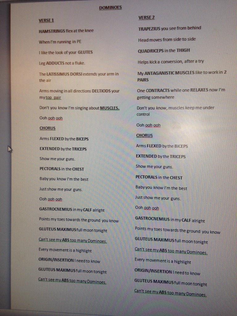 NorthKestevenPE's tweet photo. An array of musical lyrics for gcse pe students to remember the skeletal and muscular system http://t.co/DrrTr55UqO