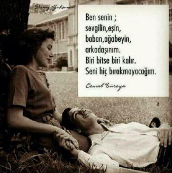 Ben senin;
sevgilin, eşin,
baban, ağabeyin,
arkadaşınım.
Biri bitse biri kalır
Seni hiç bırakmayacağım.

Cemal Süreya
