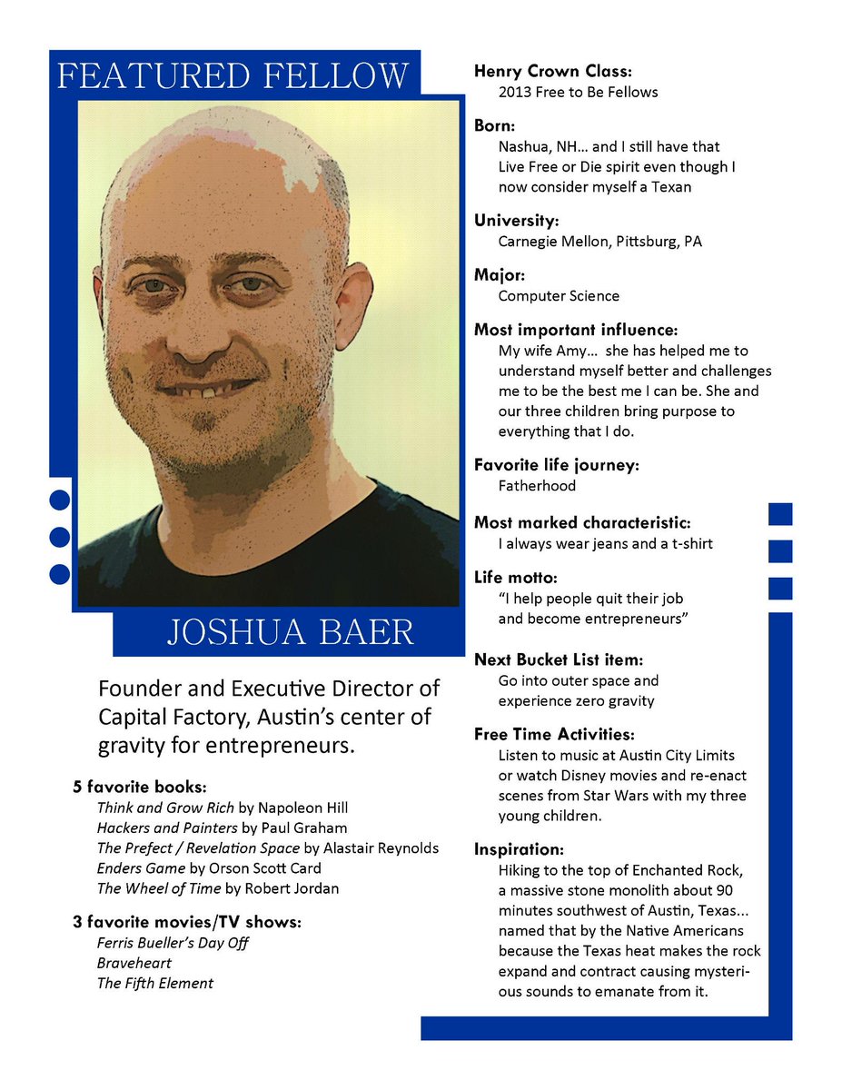 Meet our first Featured Fellow of the year: '13 HCF <a href="/JoshuaBaer/">Joshua Baer ⚙️</a>, Founder and Exec. Dir. of <a href="/CapitalFactory/">Capital Factory ⚙️</a>!