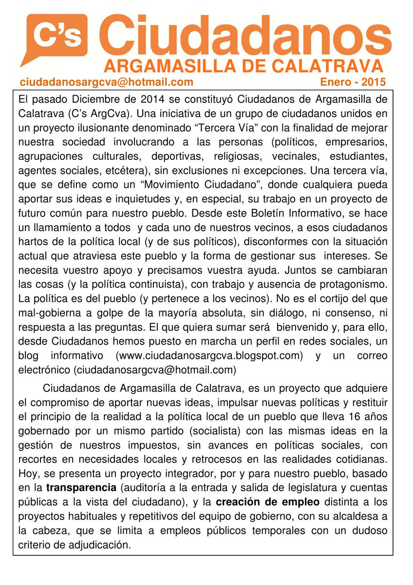 CsArgCva's tweet photo. Boletín Informativo de Ciudadanos de Argamasilla de Calatrava @CsArgCva , Enero del 2015: http://t.co/L1LeIoqj0E