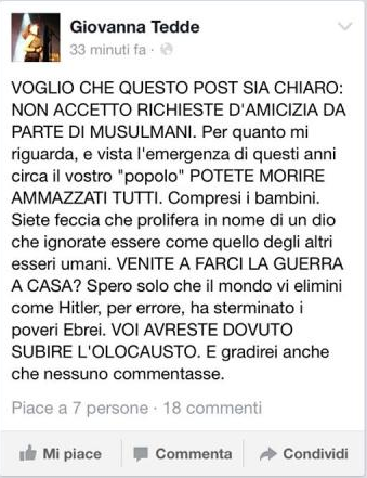 nervovago's tweet photo. Giovanna #Tedde è Assessore alla Cultura di Bonorva. Sì, la cultura dell'odio... #SenzaParole #Vincennes http://t.co/xvls5vPa5c
