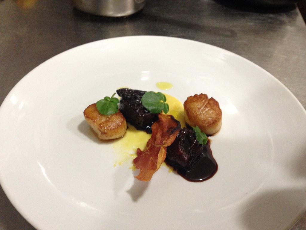 Braised Pig Cheek, Scallop, Aberico ham &amp; sweetcorn purée - new scallop dish <a href="/TheHoopStock/">The Hoop</a> <a href="/utz33/">phil utz</a> <a href="/liamgoldstone/">liam goldstone</a>