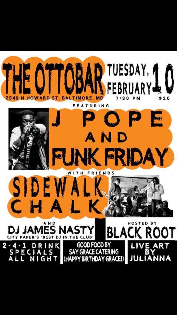 funk_friday's tweet photo. 2.10 sidewalk chalk , black root, dj james nasty, jpff, art by julianna, say grace catering, 2-4-1 drink specials - ! http://t.co/COMDseuCNH