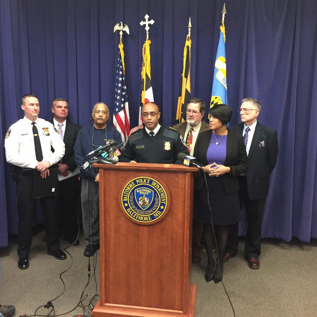 BaltimorePolice's tweet photo. #BPDPC Batts & @MayorSRB announce new schedule, more effective deployments for patrol officers. http://t.co/b9mBg13hVw