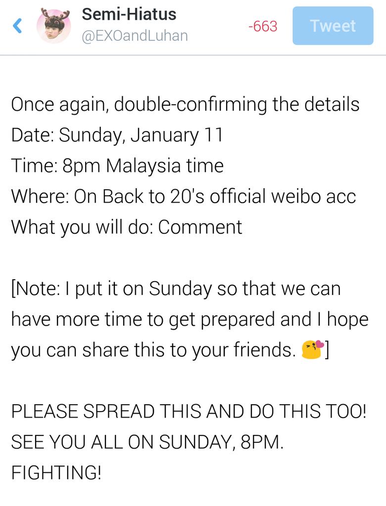 EXOandLuhan's tweet photo. [SPREAD &amp; JOIN] On Sunday, 8pm, we will be commenting on Back to 20's official acc. Pls read. http://t.co/YRAwJ0HBzO http://t.co/jx4FPhJ41s
