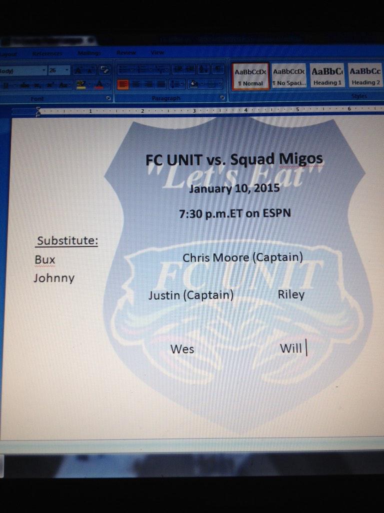 FC_UNIT's tweet photo. The Starting V against @SquadMigosFC
OUT: -@filurbuttwthluv (working at salsaritas)
-@JoshBlanks24 (pats game) http://t.co/BJuvvz9yXT