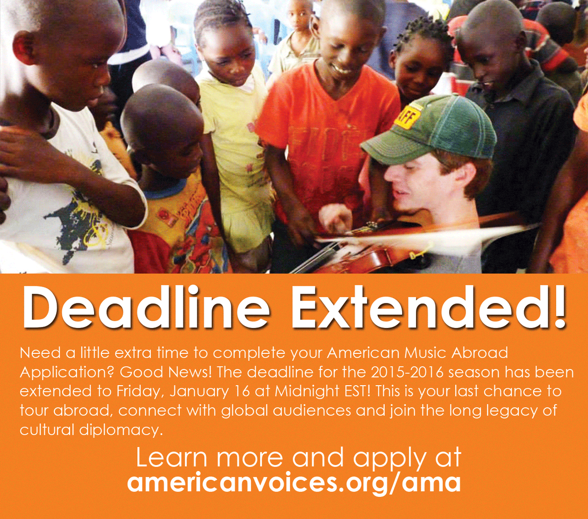#AmericanMusicAbroad application deadline extended to Jan 16! #culturaldiplomacy  <a href="/ECAatState/">Educational & Cultural Affairs—U.S. Dept. of State</a> amvoices.org/ama/