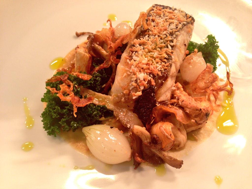 Hake , celeriac , wild mushrooms and toasted coconut <a href="/LdnCarriageWrks/">The London Carriage Works</a>