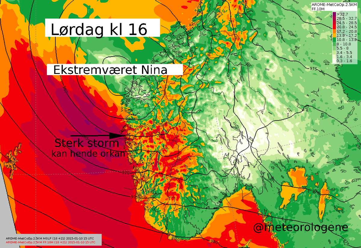 Meteorologene's tweet photo. De siste prognosene for ekstremværet #Nina tyder på at stormsenteret vil gå litt lenger sør. #Vestlandet http://t.co/rwvgatnBmj