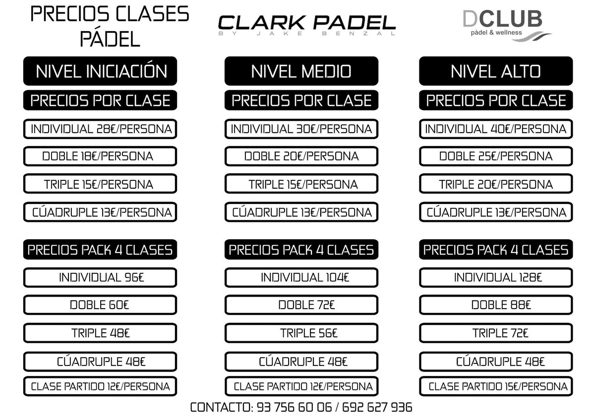 Les presentamos la lista de precios de nuestras clases de pádel.