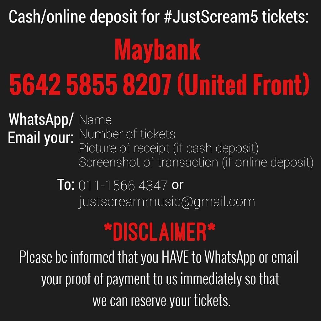 For those who have difficulty finding our agents, we're now accepting cash/online deposits for #JustScream5 tickets!