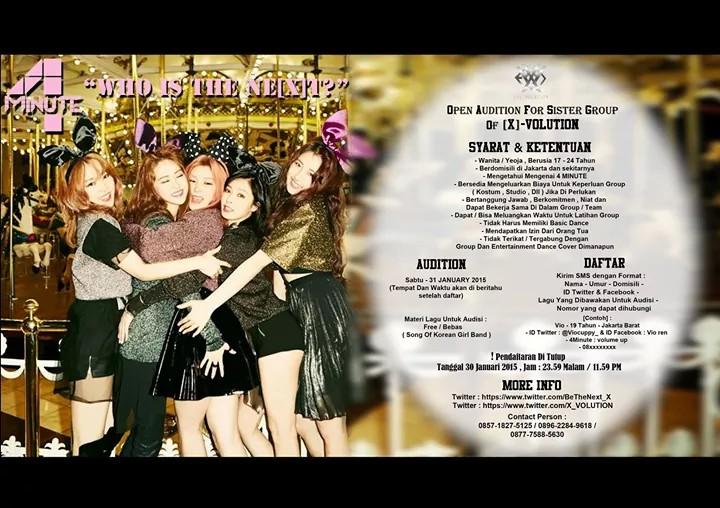 <a href="/redwinedc_id/">Red Wine Dance Cover</a> [HELP RT] OPEN AUDITION 4MINUTE Dance cover SISTER GROUP OF <a href="/X_VOLUTION/">[X]-VOLUTION</a>
INFO: tl.gd/n_1sjf2sc