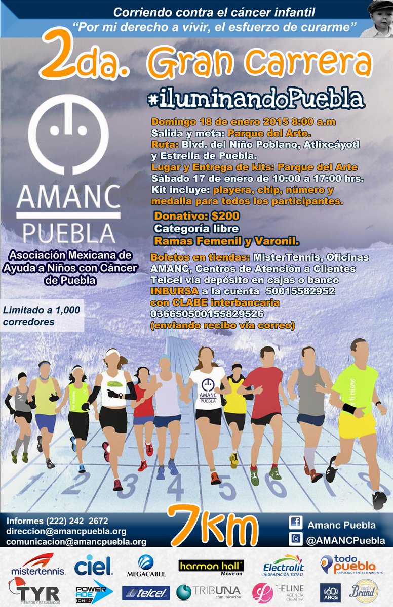 AMANCPuebla's tweet photo. @emocionD Participa en la 2da #Carrera #iluminandoPuebla “Corriendo contra el #cancerinfantil”son 7km para ayudar. http://t.co/RsLSIGzH65