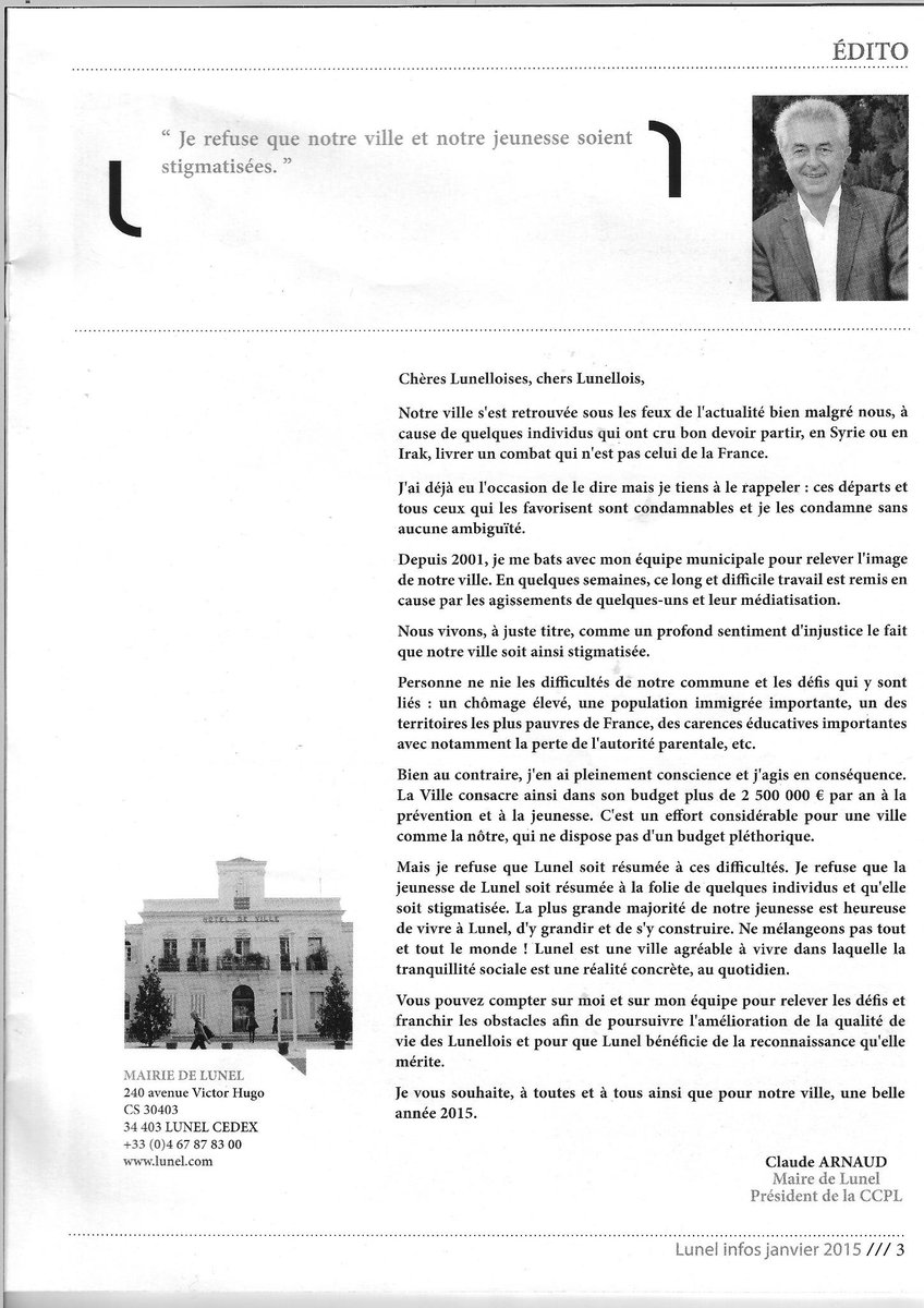 Kacemabeka's tweet image. Maire de #Lunel "l'une des difficultés de notre commune" serait "une population #immigrée importante"
#stigmatisation