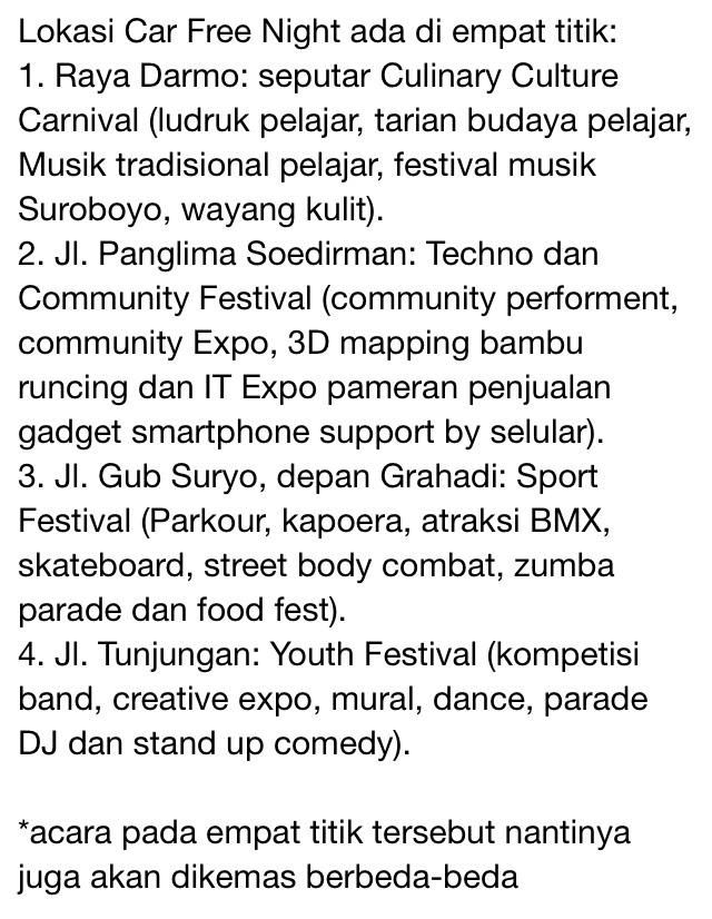infosurabaya's tweet photo. Pemkot Surabaya bekerjasama dengan Polrestabes Surabaya gelar Car Free Night, hari ini mulai pukul 16.00. #EventSby http://t.co/X7zbrwsU4T